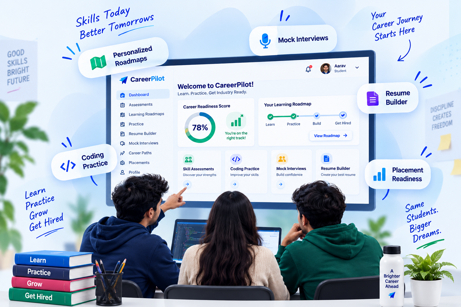CareerPilot students using the career readiness platform with assessments, roadmaps, coding practice, mock interviews and placement readiness